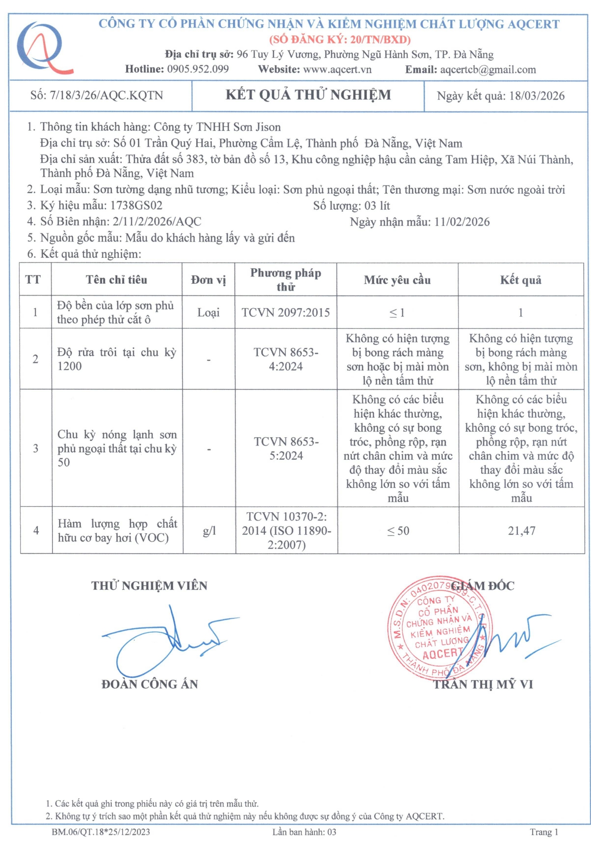 chứng nhận sơn ngoại thất jison
