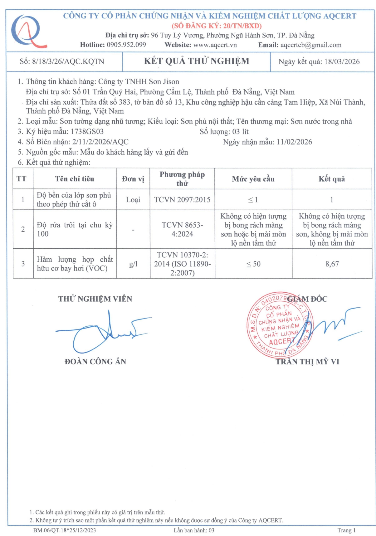 chứng nhận sơn nội thất jison