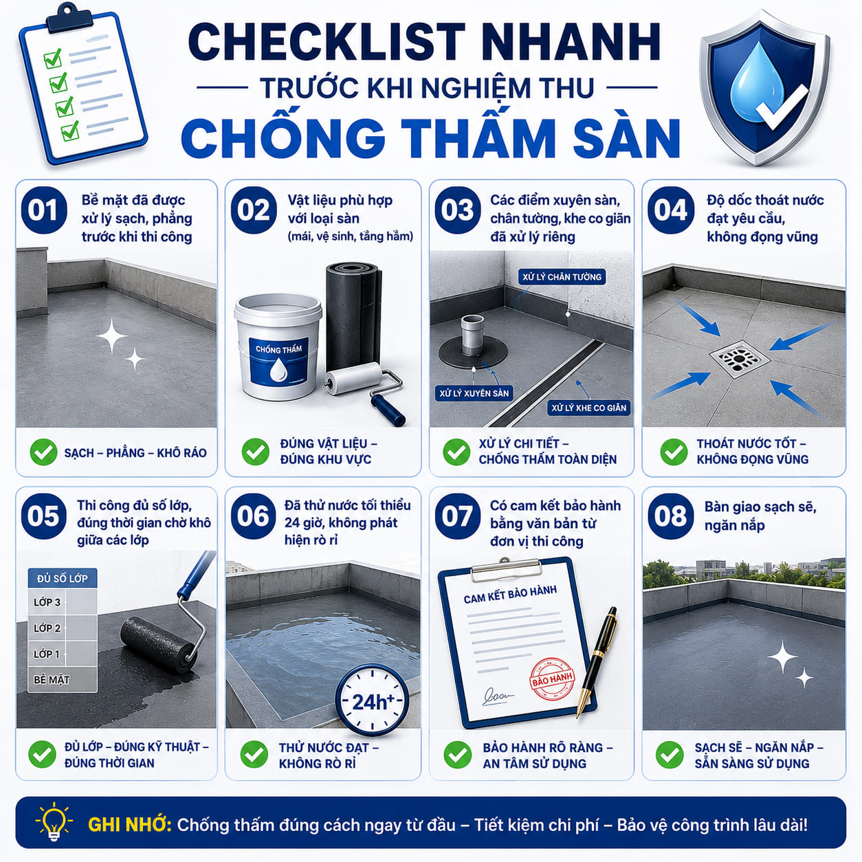 Checklist nghiệm thu chống thấm sàn