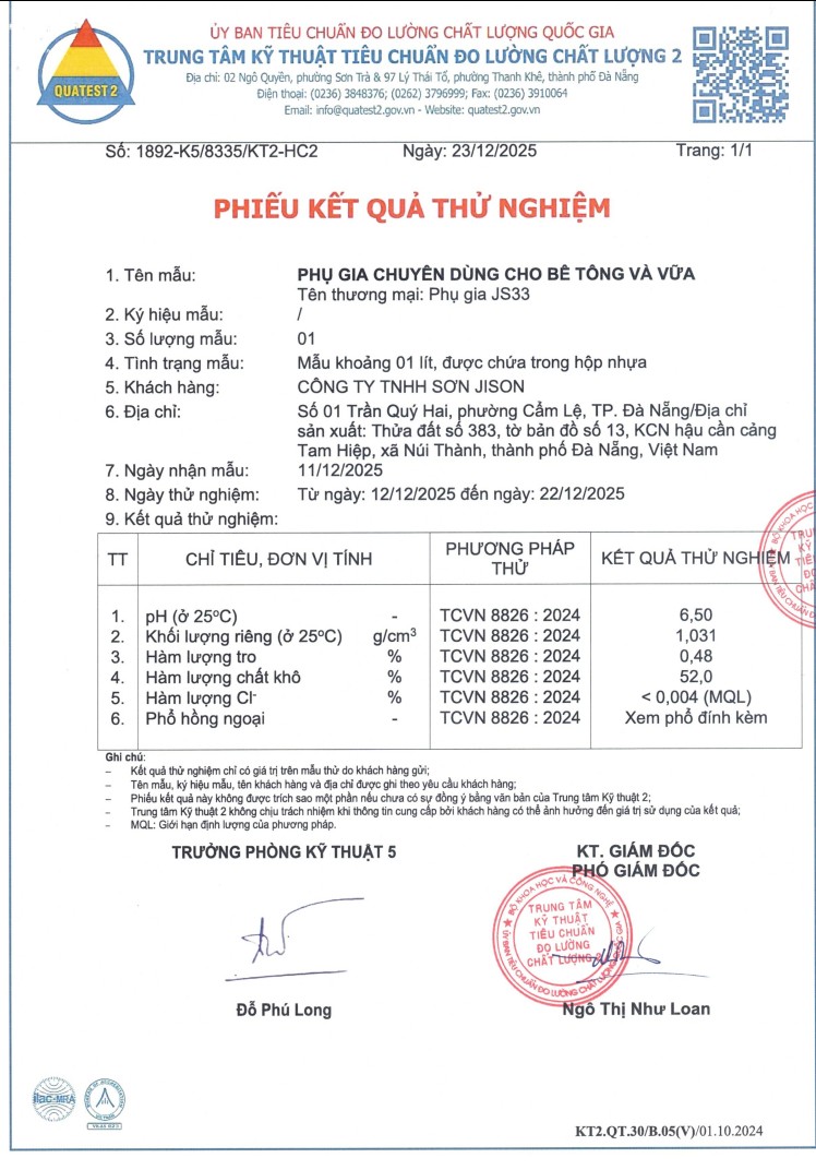 kết quả thử nghiệm phụ gia js33